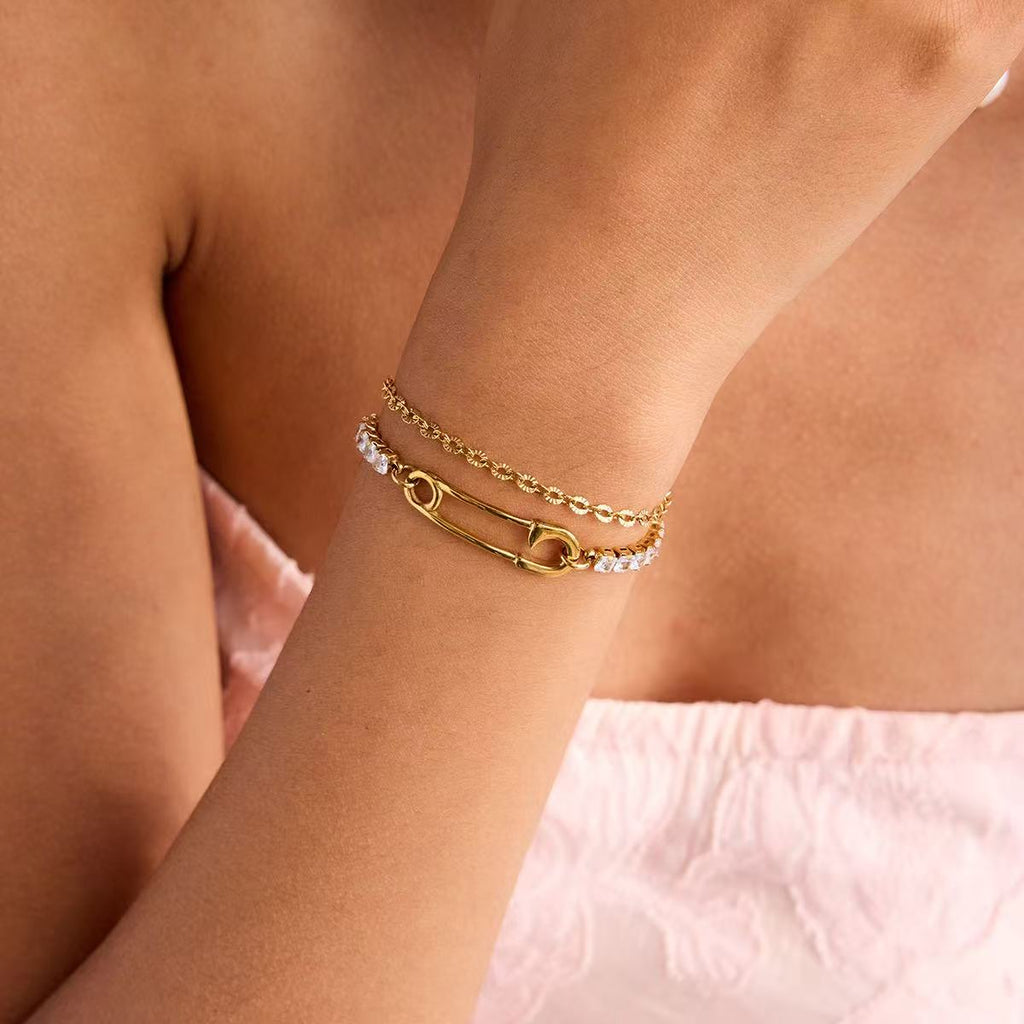 Double Layer Safety Pin Zircon Bracelet