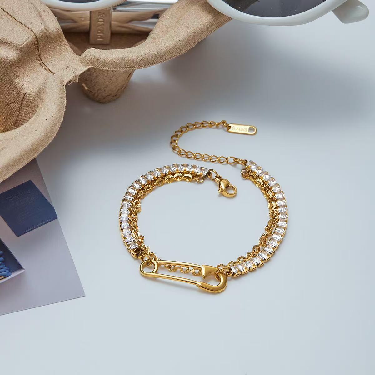 Double Layer Safety Pin Zircon Bracelet