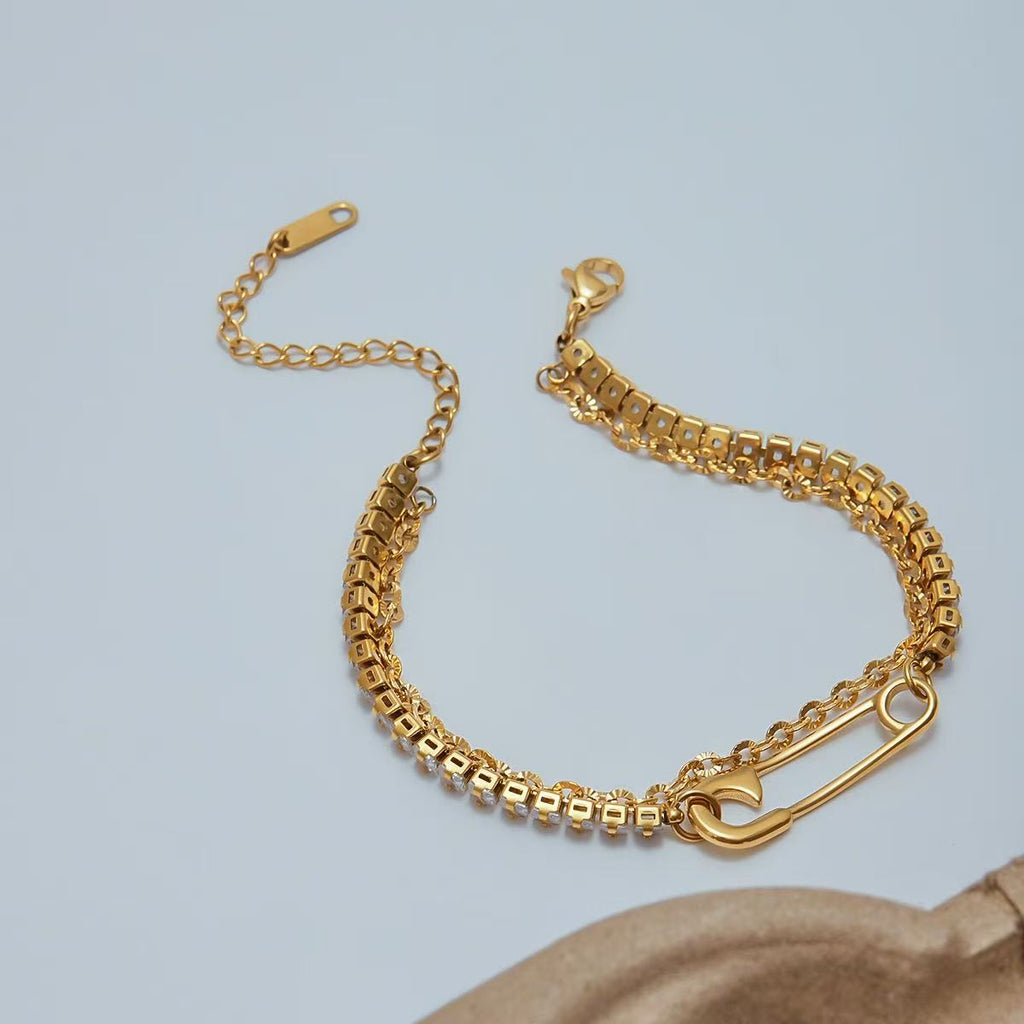Double Layer Safety Pin Zircon Bracelet