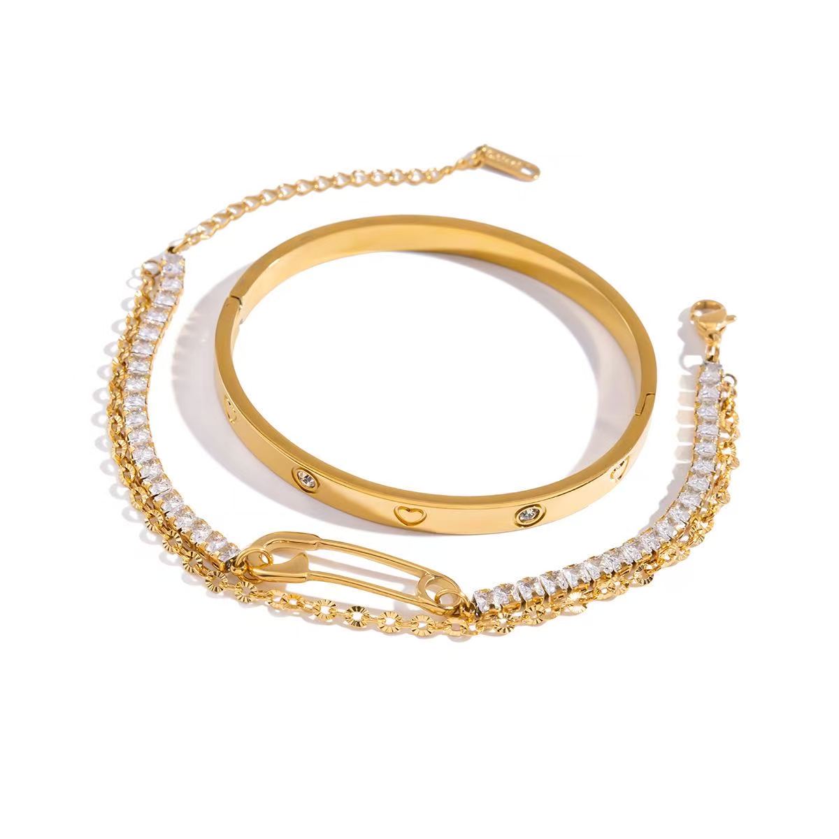 Double Layer Safety Pin Zircon Bracelet