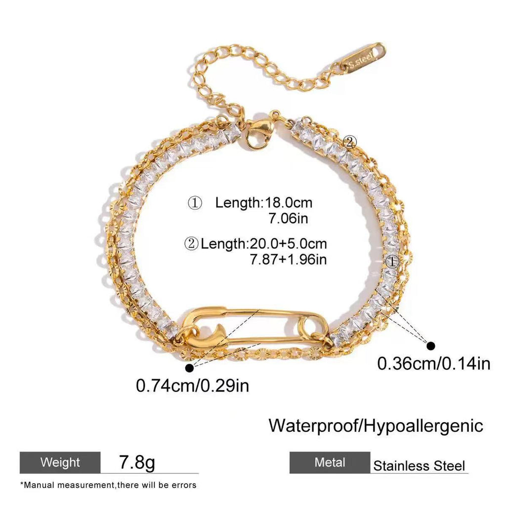 Double Layer Safety Pin Zircon Bracelet
