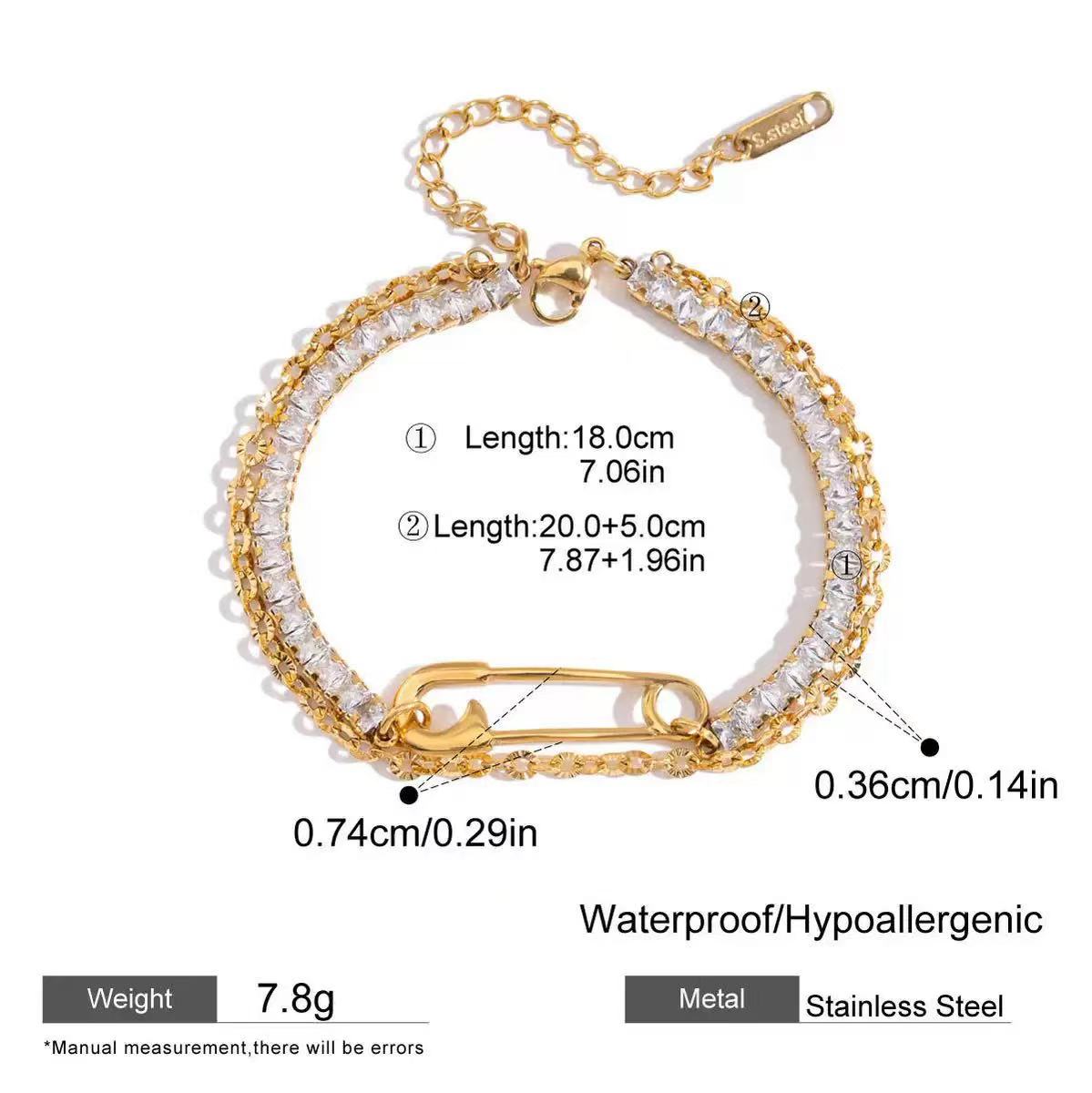 Double Layer Safety Pin Zircon Bracelet