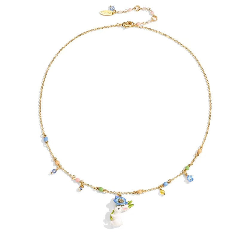 Blue Flower Bunny Necklace