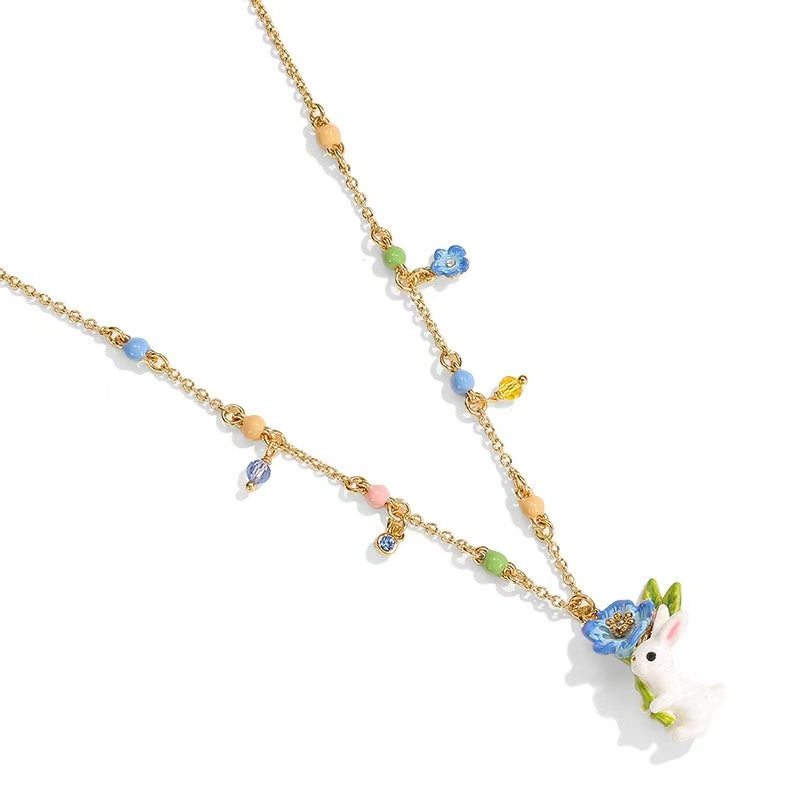 Blue Flower Bunny Necklace