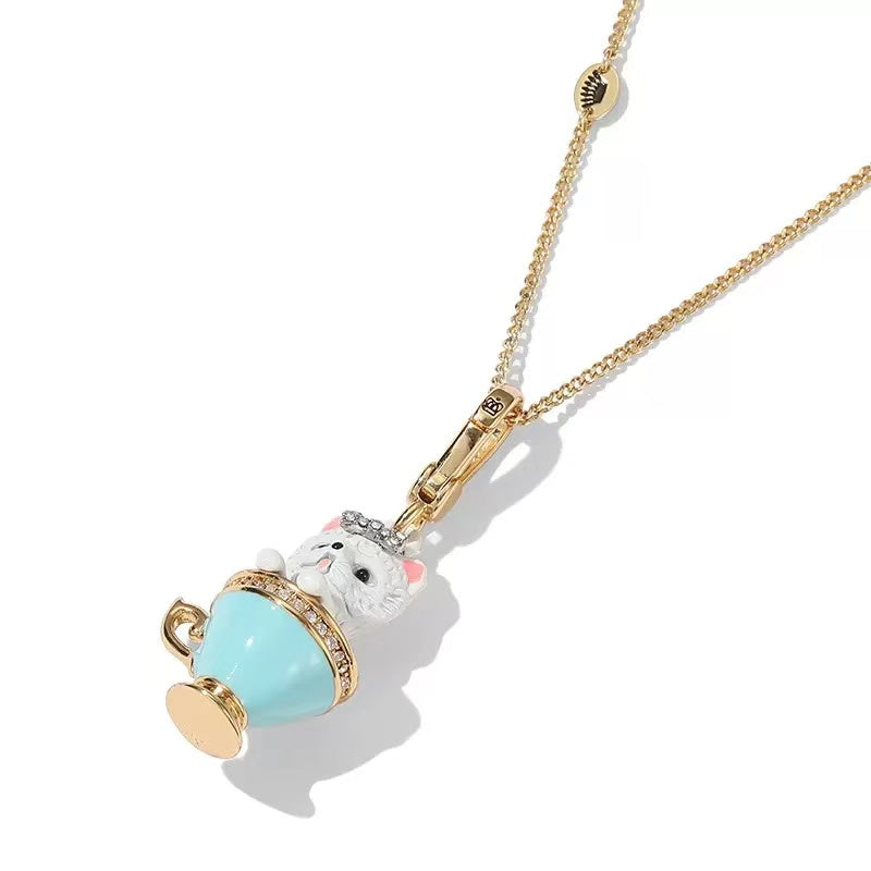 Teacup Kitten Enamel Necklace