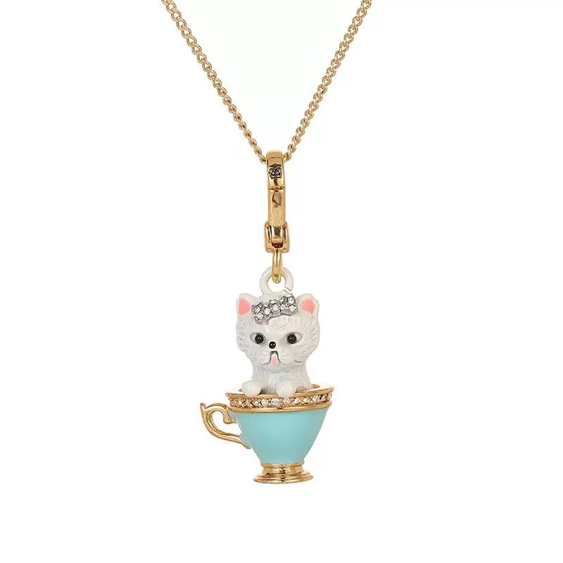 Teacup Kitten Enamel Necklace
