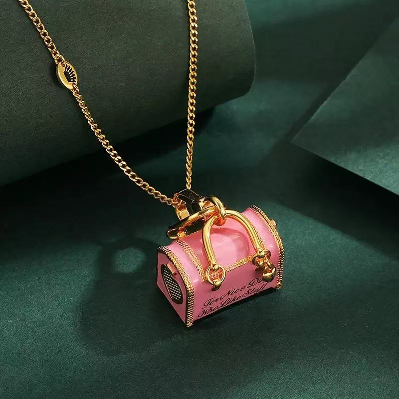 Pink Puppy Luggage Enamel Charm Necklace