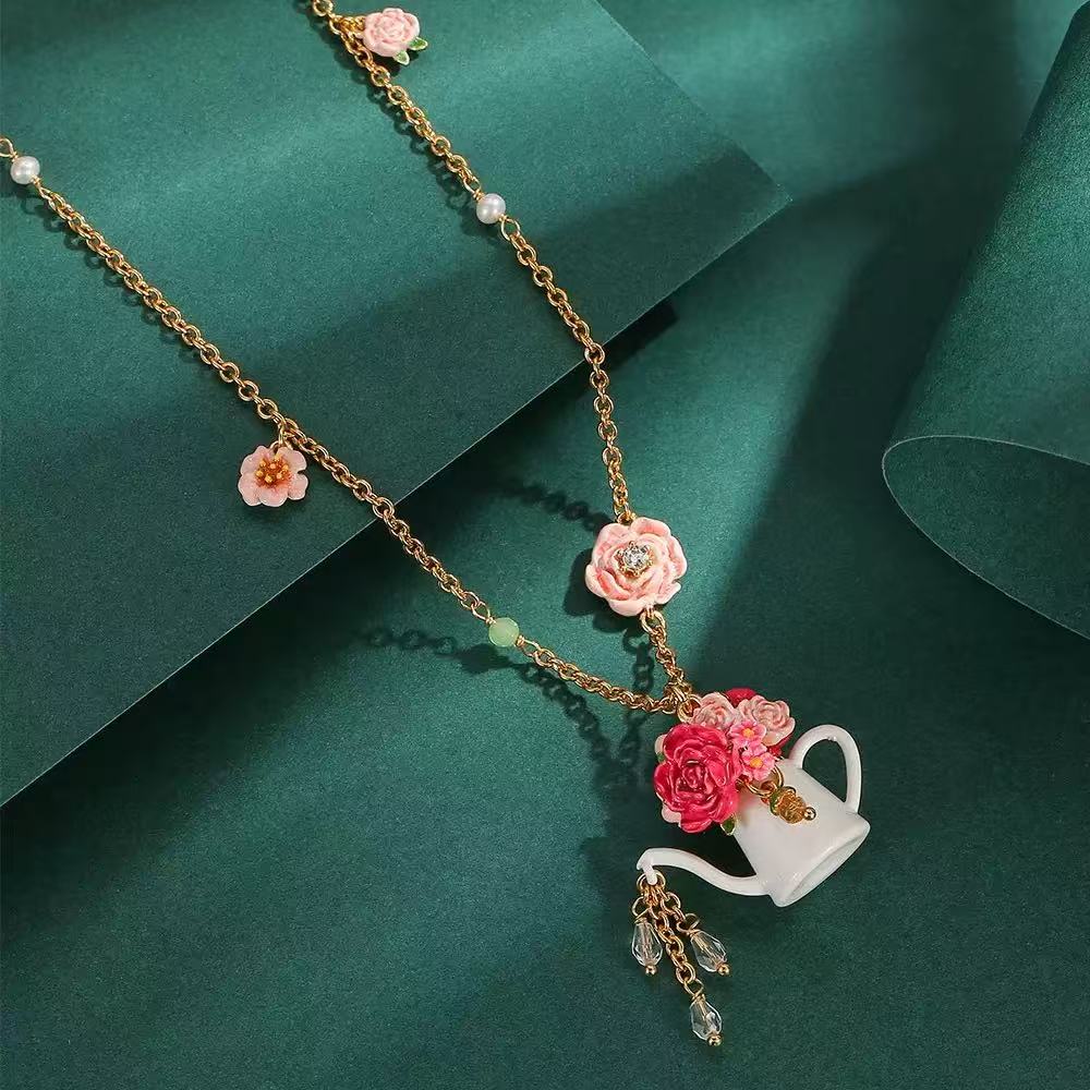 Enamel Teapot Flower Tassel Necklace