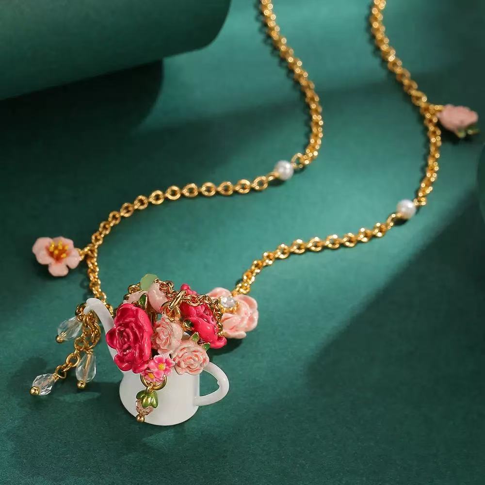 Enamel Teapot Flower Tassel Necklace
