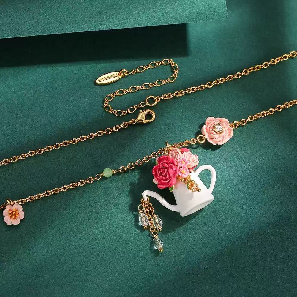 Enamel Teapot Flower Tassel Necklace