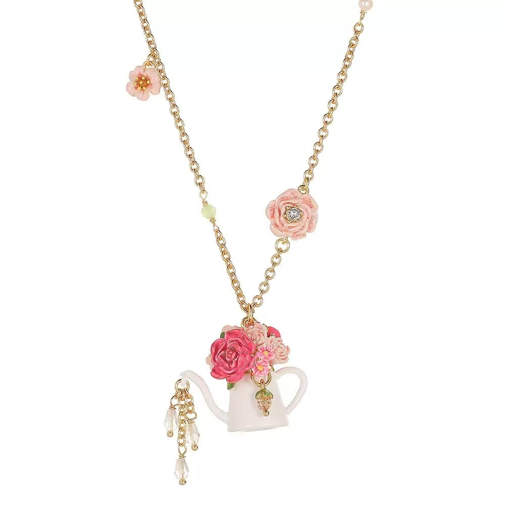 Enamel Teapot Flower Tassel Necklace