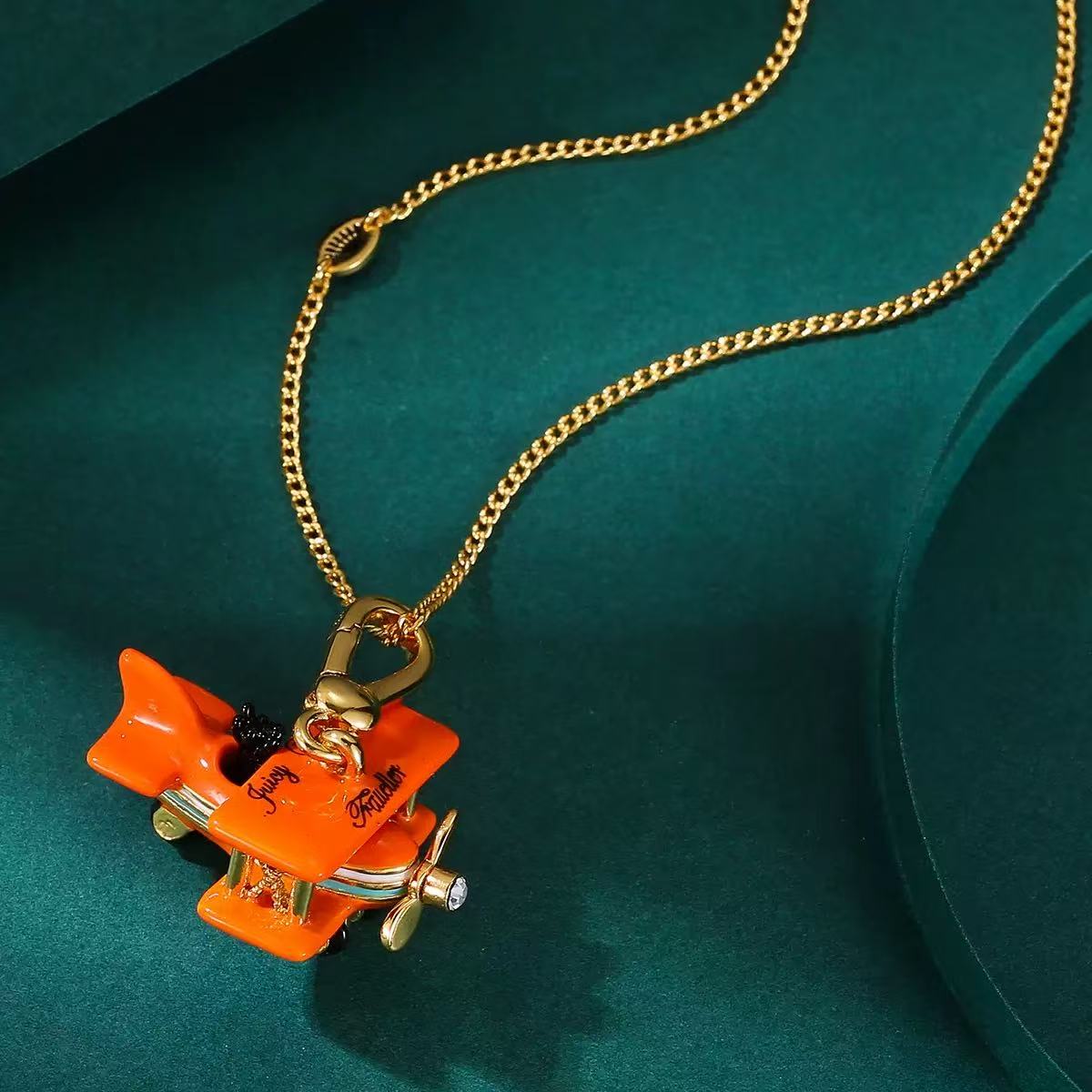 Orange Enamel Biplane Charm Necklace