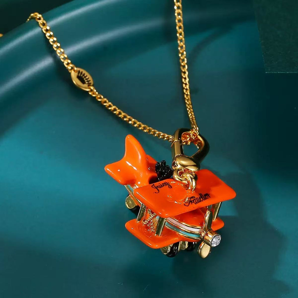Orange Enamel Biplane Charm Necklace