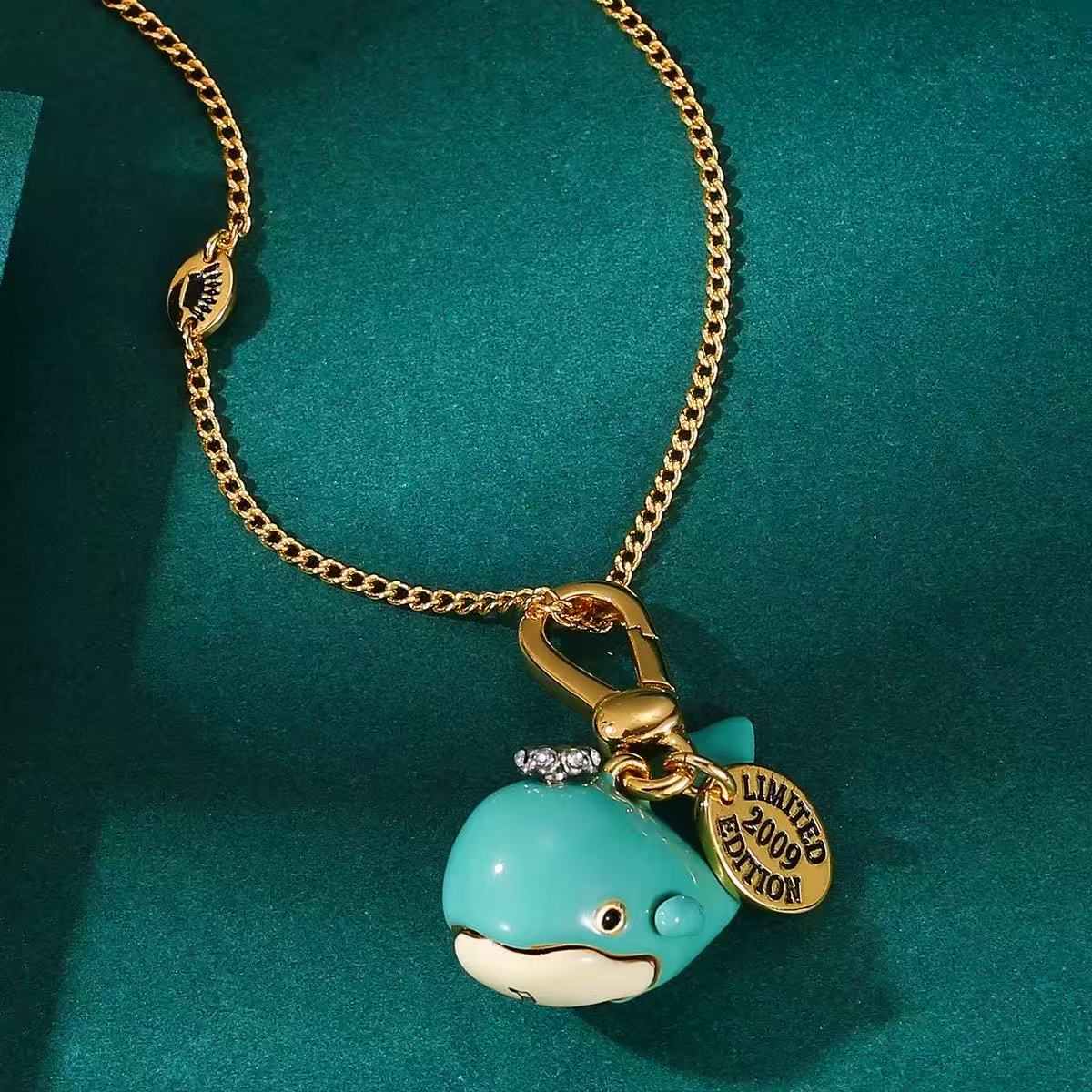 Vintage Blue Whale Enamel Locket Charm Necklace