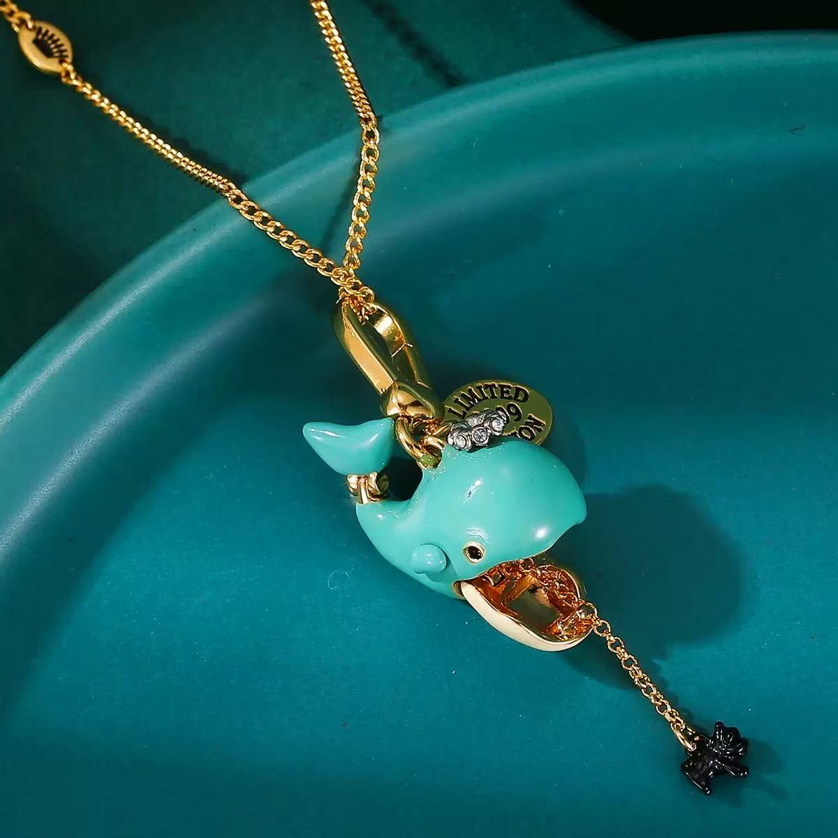 Vintage Blue Whale Enamel Locket Charm Necklace