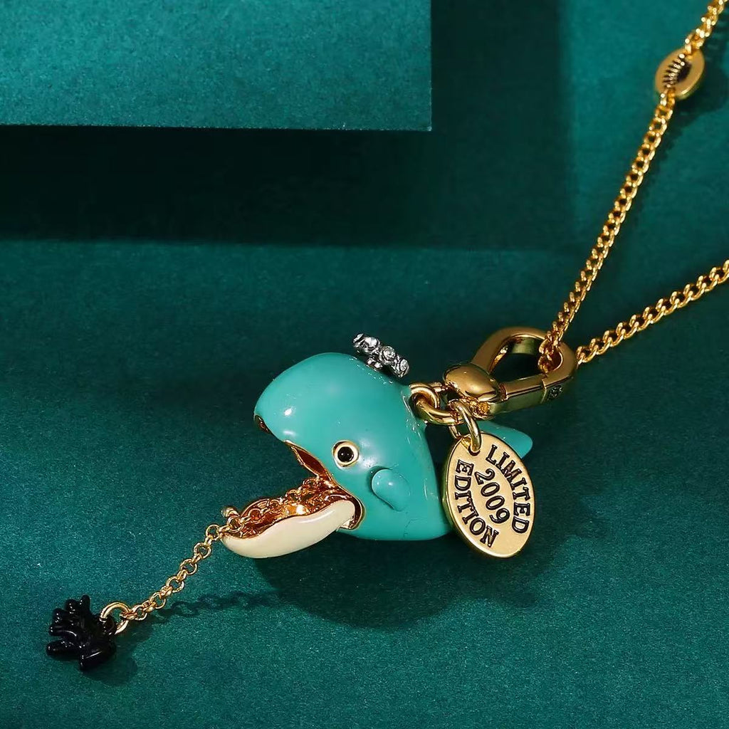 Vintage Blue Whale Enamel Locket Charm Necklace