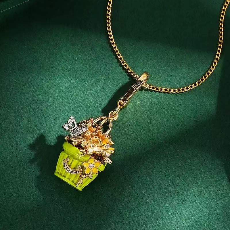 Green Flower Basket Butterfly Enamel Charm Necklace