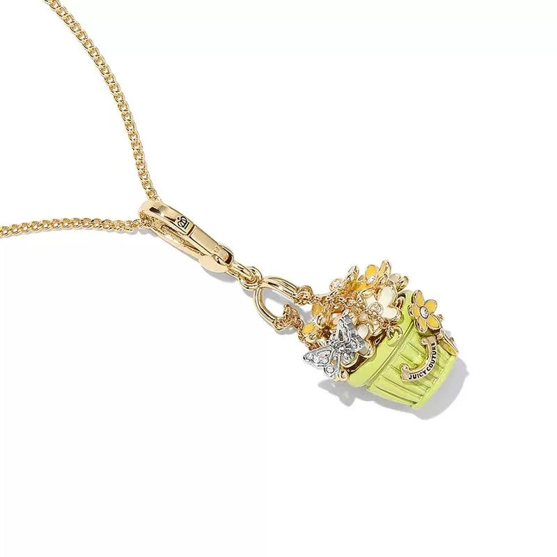 Green Flower Basket Butterfly Enamel Charm Necklace