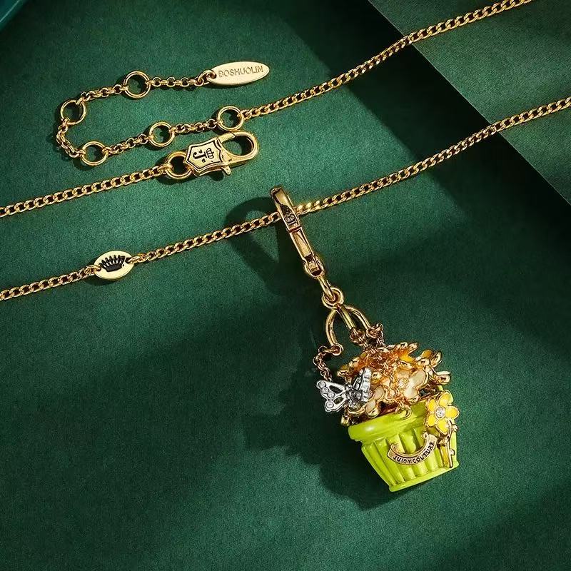 Green Flower Basket Butterfly Enamel Charm Necklace