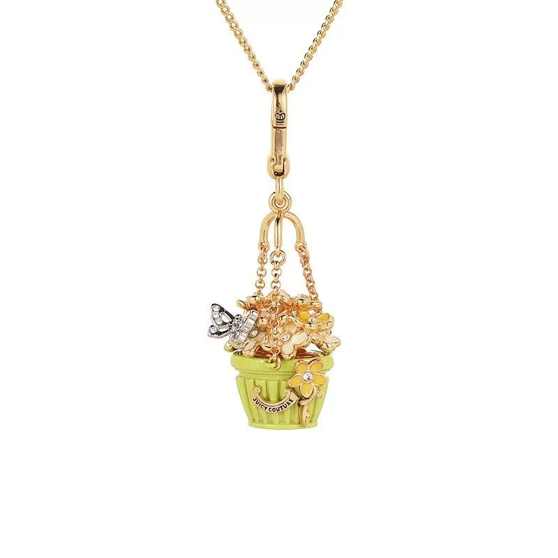 Green Flower Basket Butterfly Enamel Charm Necklace