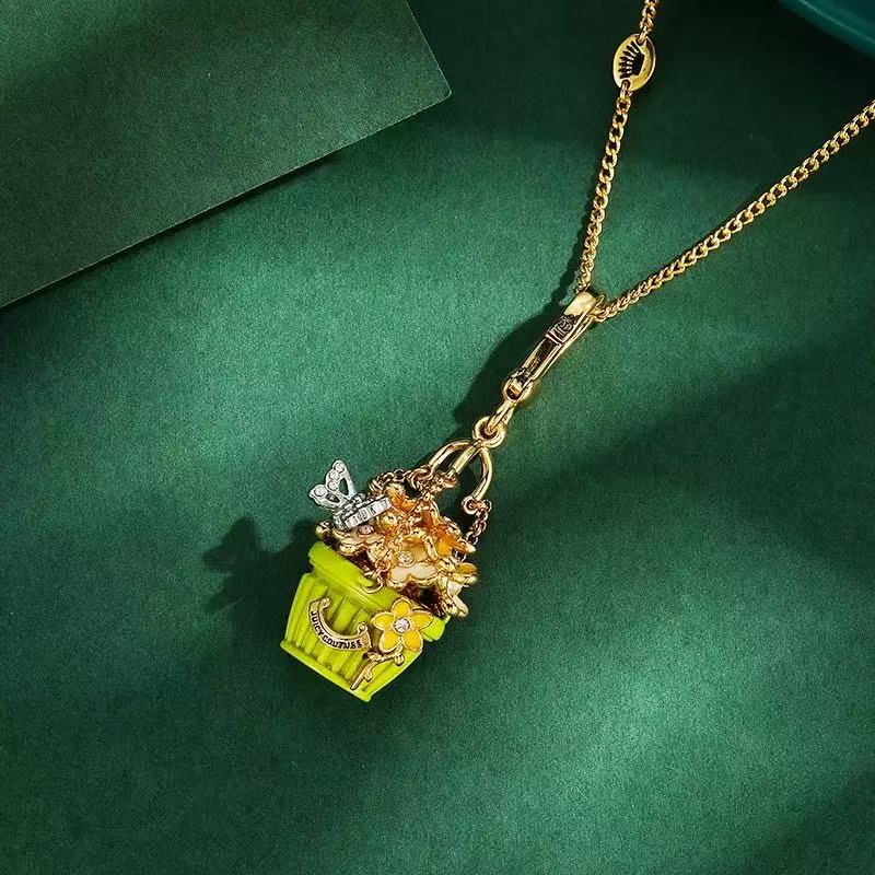 Green Flower Basket Butterfly Enamel Charm Necklace