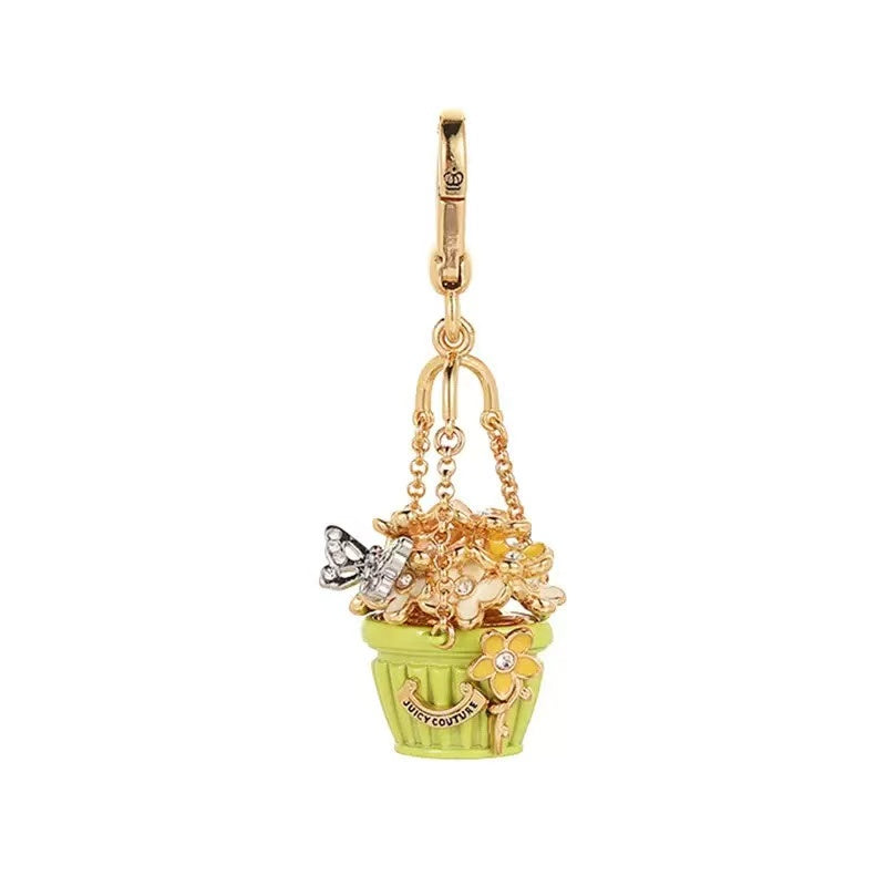 Green Flower Basket Butterfly Enamel Charm Necklace