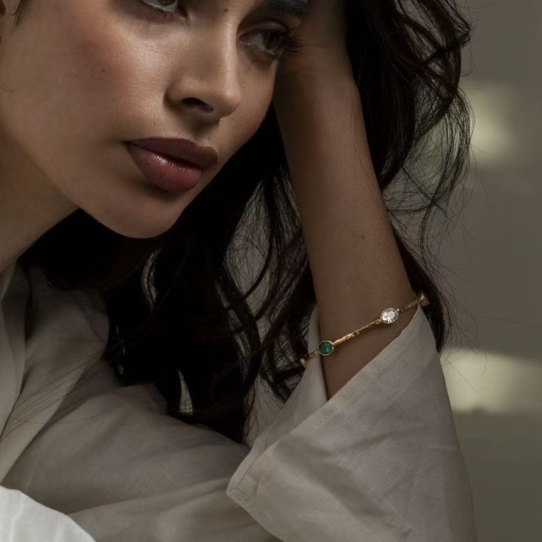Emerald Hammered Open Cuff Bangle