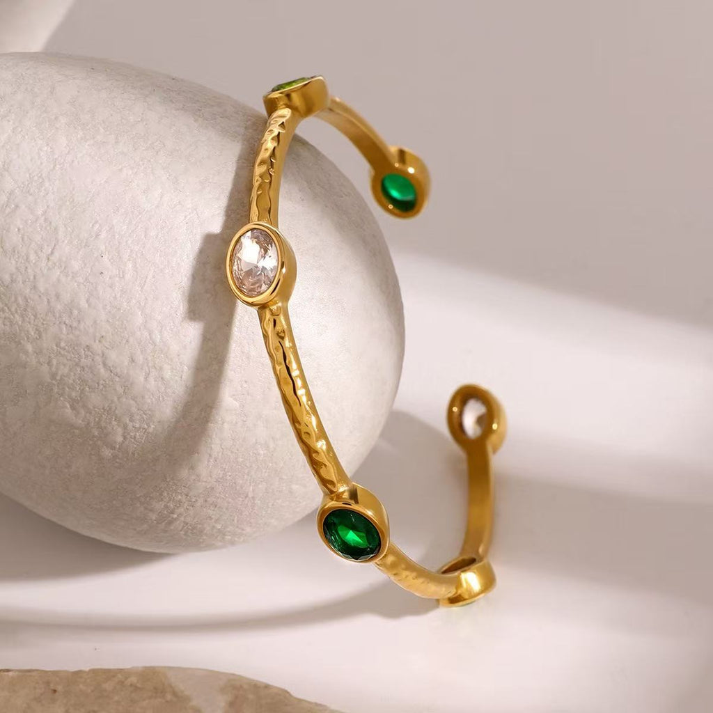 Emerald Hammered Open Cuff Bangle