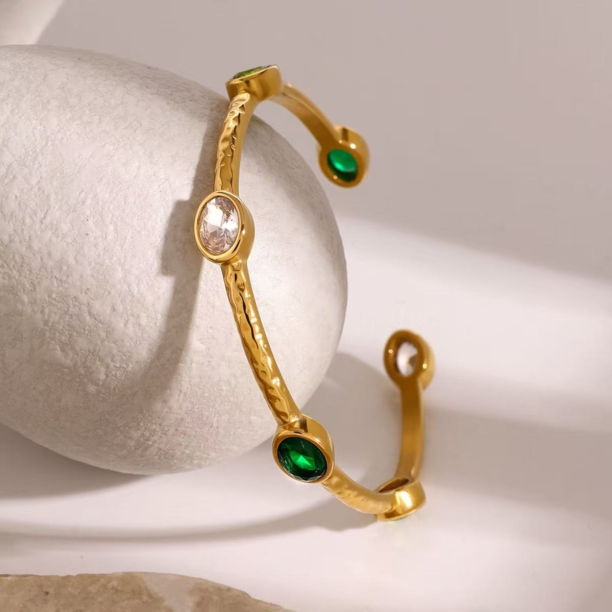 Emerald Hammered Open Cuff Bangle