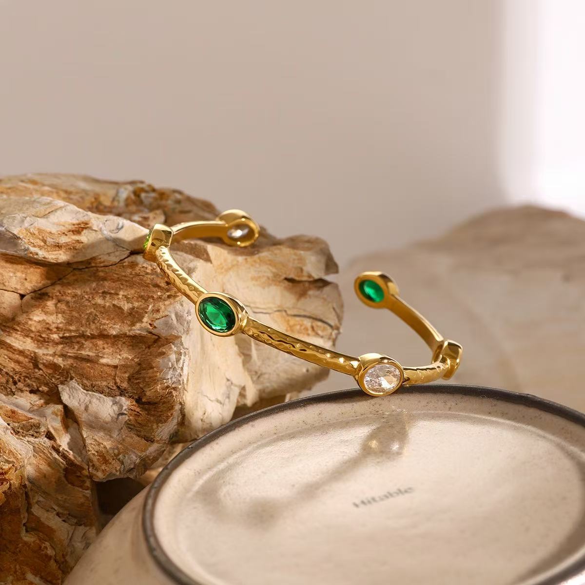 Emerald Hammered Open Cuff Bangle