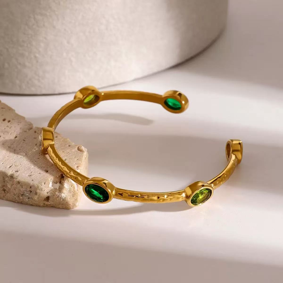Emerald Hammered Open Cuff Bangle
