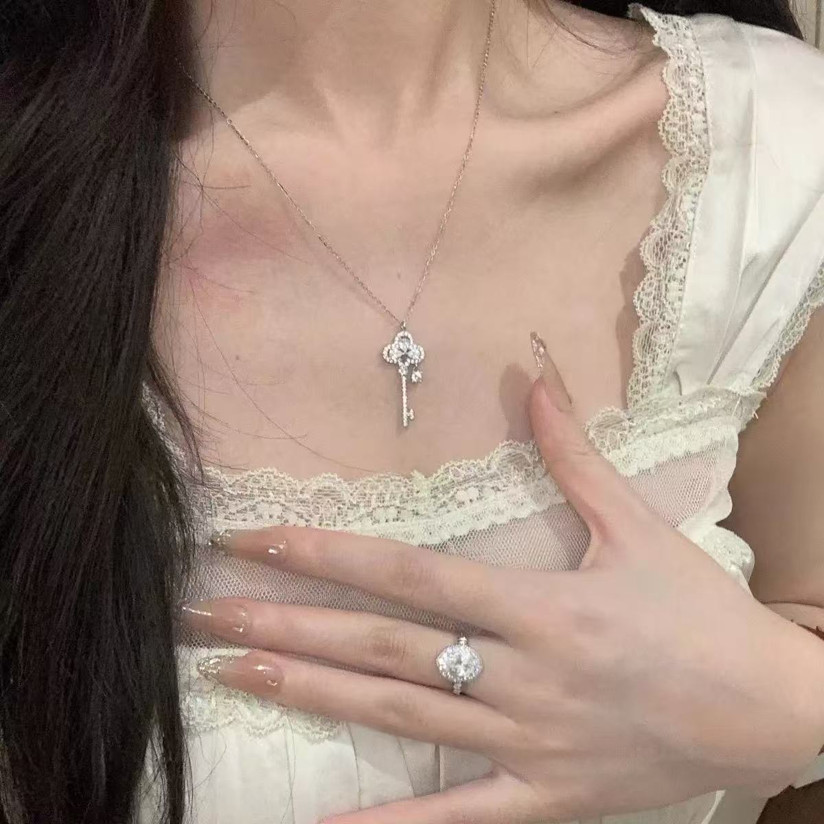 Four-leaf Clover Full Paved Key Necklace