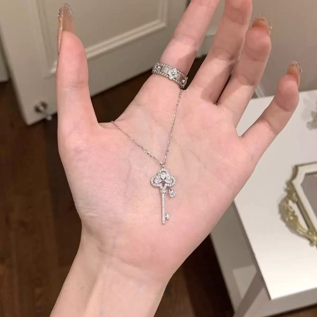 Four-leaf Clover Full Paved Key Necklace