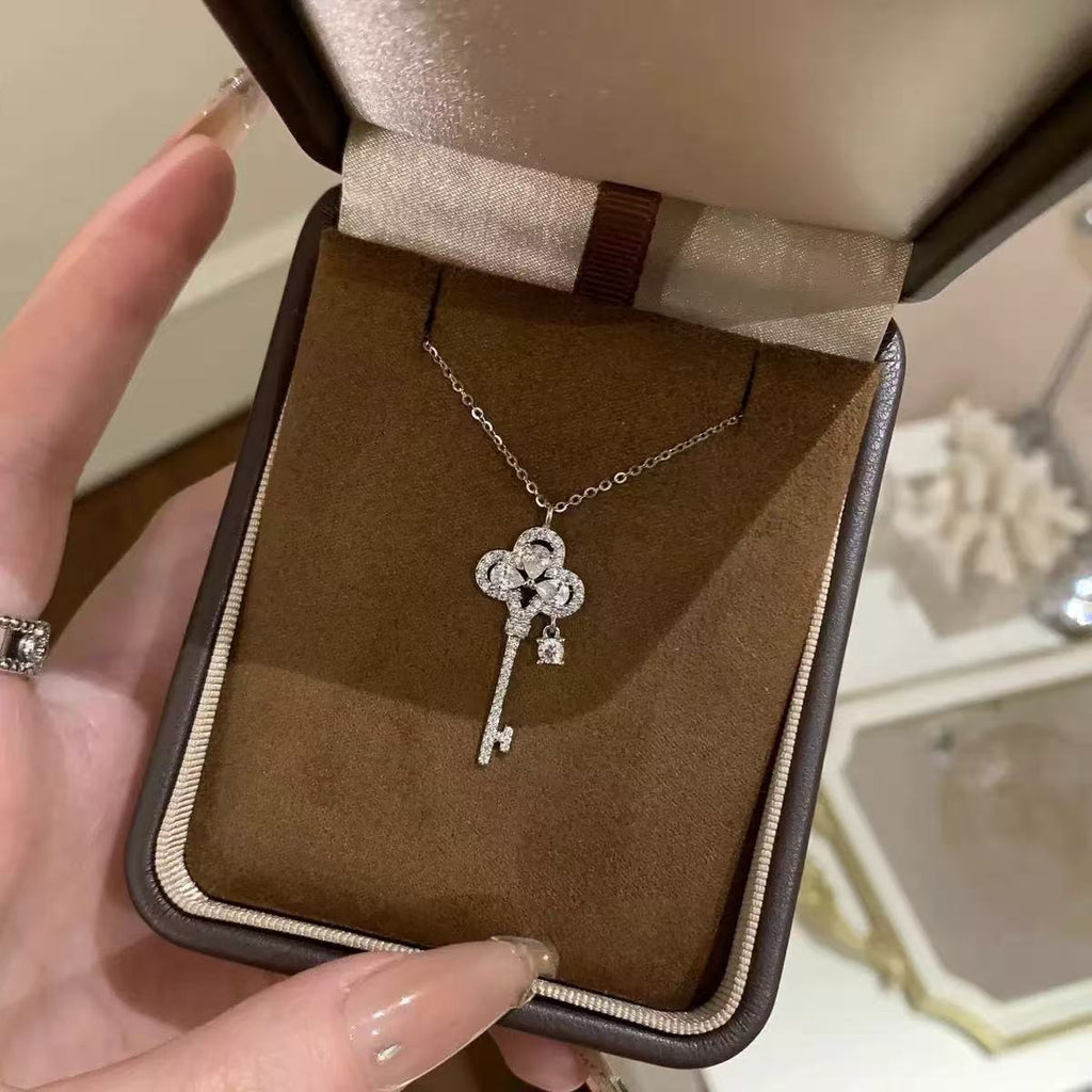 Four-leaf Clover Full Paved Key Necklace