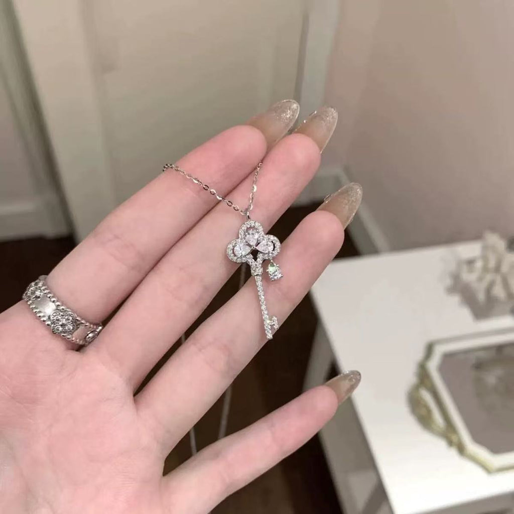 Four-leaf Clover Full Paved Key Necklace